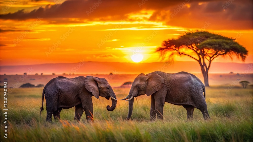 Fototapeta premium Aerial View of Two Young Elephants Playing in Maasai Mara, Kenya - Wildlife Safari Adventure