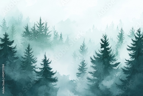 Misty Pine Forest. Watercolor Drawing of Pine Trees in Nature Landscape