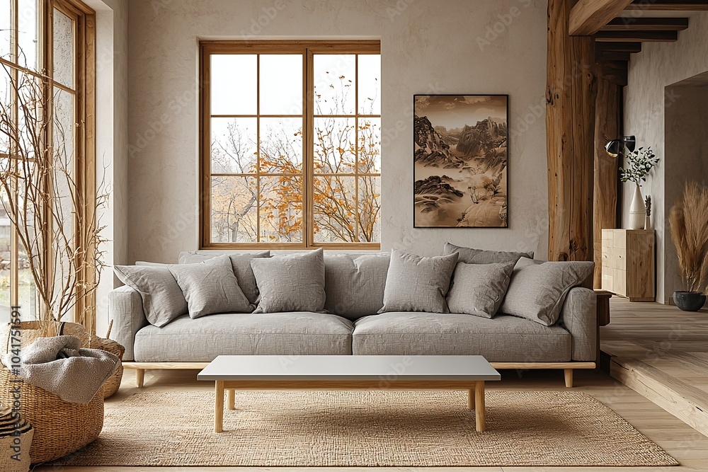 A modern Scandinavian interior in a living room with minimalist, windows and sofas, and interior accessories. Generative AI
A modern Scandinavian interior in a living room with minimalist, windows and sofas, and interior accessories. Generative AI