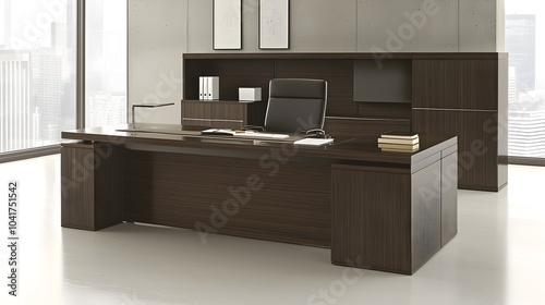 Photograph showcasing a stylish and well designed modern home office space with a focus on organization and productivity  The clean