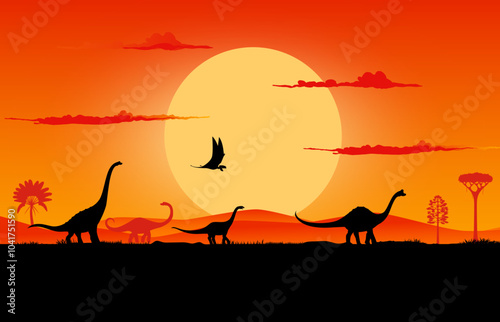 Sunset landscape, prehistoric dinosaur silhouettes on dusk evening background with tall trees. Vector sauropod dino terrain species and flying pterosaur shadows in front of large sun in orange sky