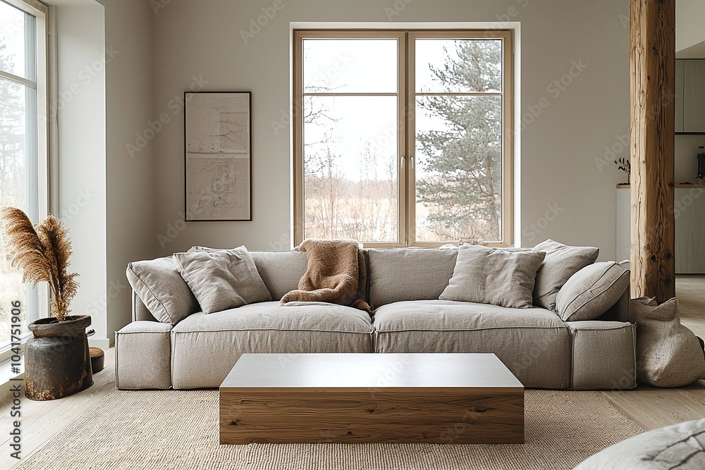 Fototapeta premium A modern Scandinavian interior in a living room with minimalist, windows and sofas, and interior accessories. Generative AI 