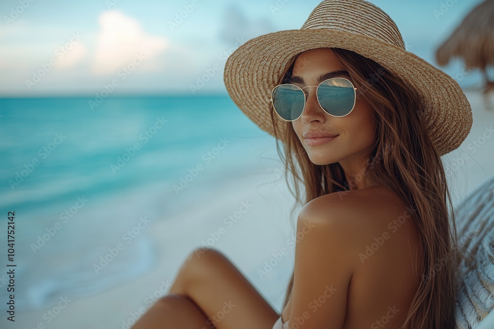A woman enjoying a peaceful moment on the beach, wearing stylish sunglasses and a straw hat. The clear blue water and soft sand create a perfect tropical atmosphere on a sunny day, inviting relaxation A woman enjoying a peaceful moment on the beach, wearing stylish sunglasses and a straw hat. The clear blue water and soft sand create a perfect tropical atmosphere on a sunny day, inviting relaxation