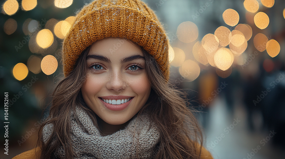 A woman with a warm smile, outdoors with holiday lights in the background. Happy Diwali A woman with a warm smile, outdoors with holiday lights in the background. Happy Diwali