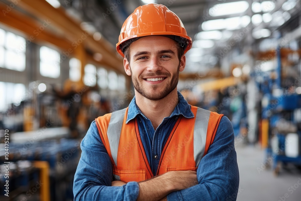 A young man wearing an orange hard hat and safety vest stands confidently with his arms crossed in a bustling industrial environment. The background showcases machinery and equipment, reflecting a pro A young man wearing an orange hard hat and safety vest stands confidently with his arms crossed in a bustling industrial environment. The background showcases machinery and equipment, reflecting a pro