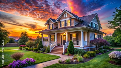 American Home at Sunset - Tranquil Evening Scene with Warm Colors and Open Sky