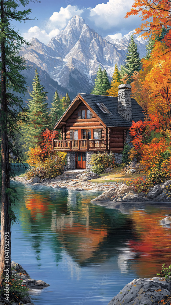 Fototapeta premium cabin next to a lake in the forest