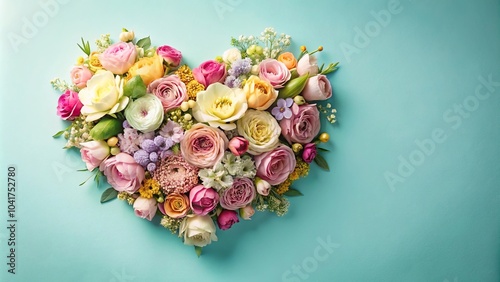 Fototapeta Naklejka Na Ścianę i Meble -  Bouquets with spring flowers in summer pastel colors arranged in heart shape on light blue background