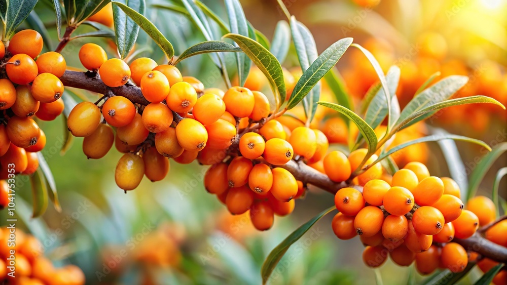 Branch of ripe sea buckthorn berries in a garden Branch of ripe sea buckthorn berries in a garden