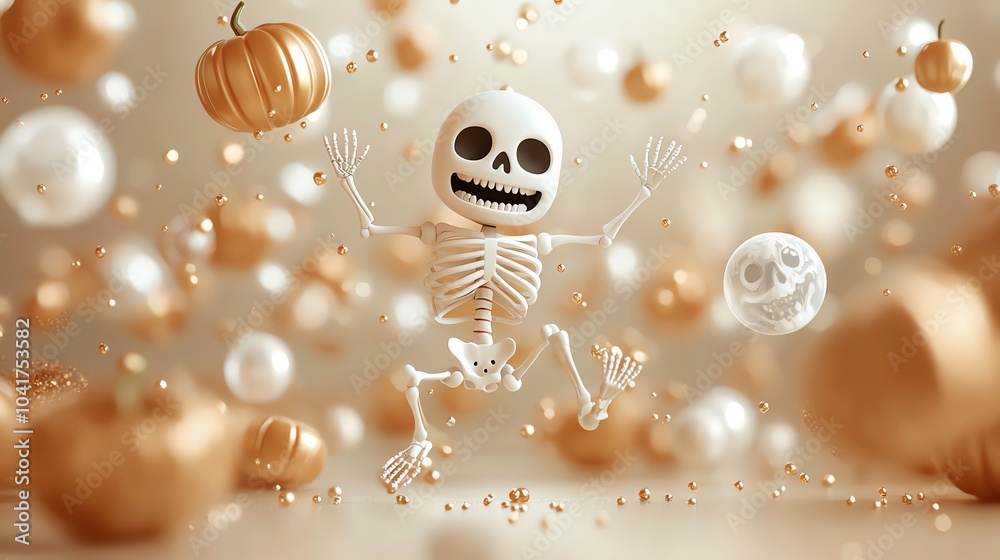 Naklejka premium Halloween Boo with playful skeletons and floating pumpkins, festive design