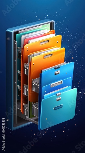 Office filing cabinet with labeled folders, neat workspace, flat design illustration