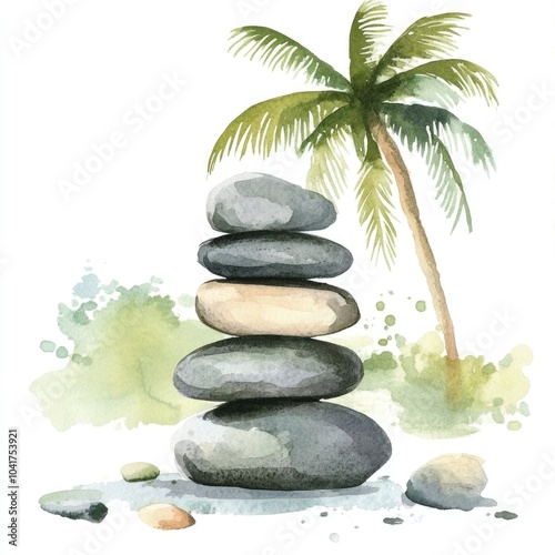 Tropical Zen: Hand-Drawn Watercolor Stone Element for Beach Landscape Design