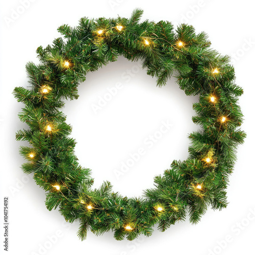 A round, lush green wreath adorned with twinkling white lights, perfect for the holiday season