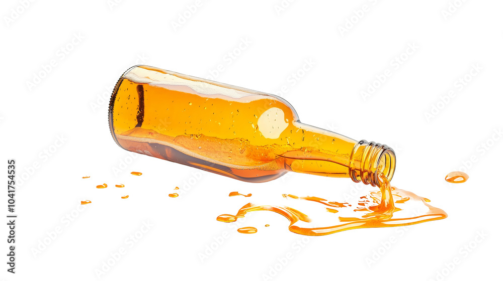 Fototapeta premium A bottle spills golden liquid on a black surface, creating a striking visual contrast and evoking a sense of richness and abundance.