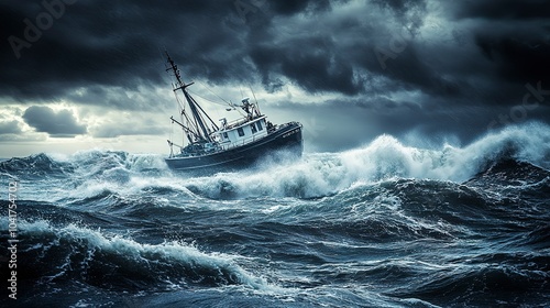 Fishing boat battling stormy seas and rough waves