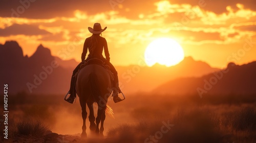 A woman is riding a horse in a desert at sunset