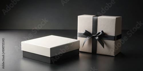 A minimalist composition featuring two gift boxes, one adorned with a black satin ribbon, showcasing a simple yet elegant presentation.