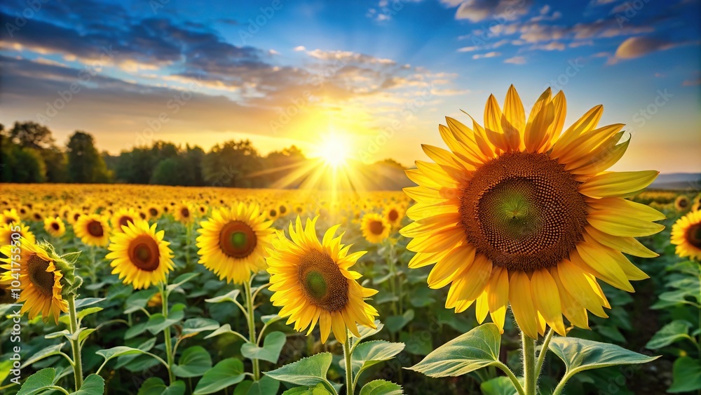 Fototapeta premium Bright and vibrant field of sunflowers at a tilted angle with the sun in the background