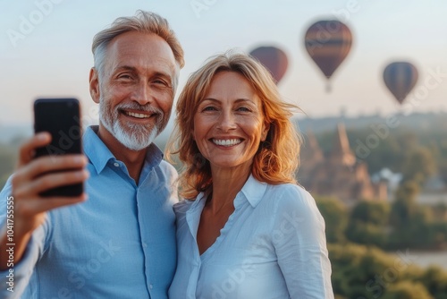 A joyful couple smiles as they take a selfie against the backdrop of colorful hot air balloons rising into the sky during a beautiful sunset. The lush landscape and ancient structures create a stunnin photo