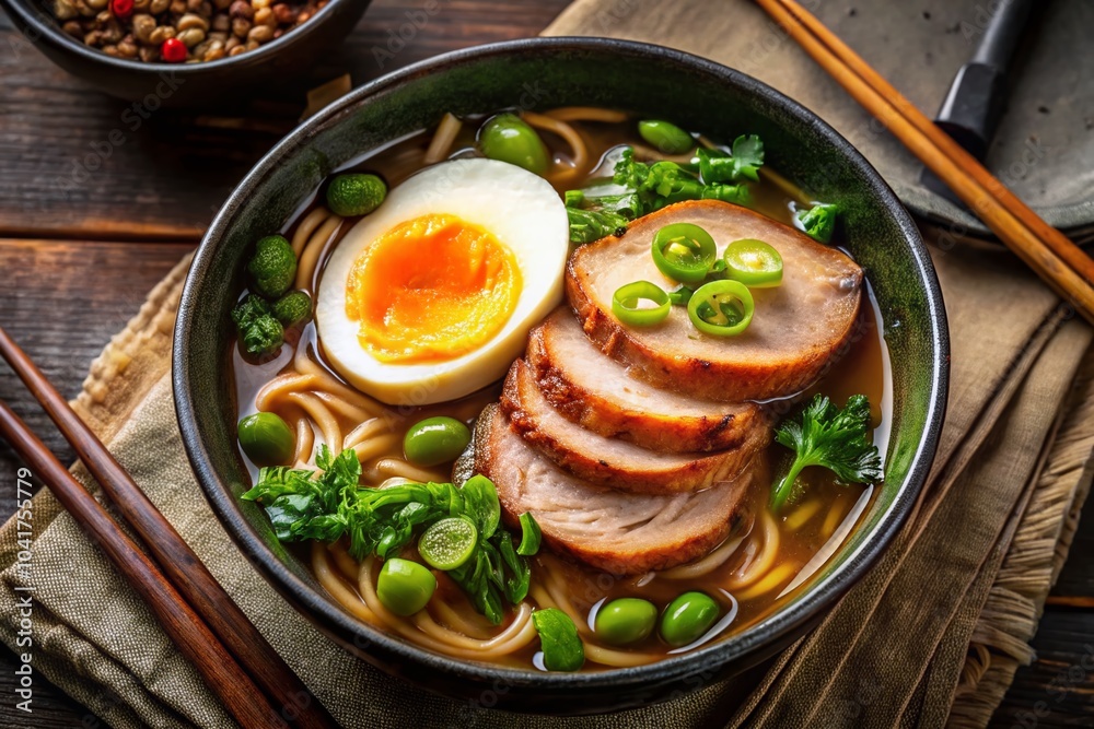 Authentic Japanese Miso Ramen with Pork and Egg - Top Down View for Food Photography Authentic Japanese Miso Ramen with Pork and Egg - Top Down View for Food Photography