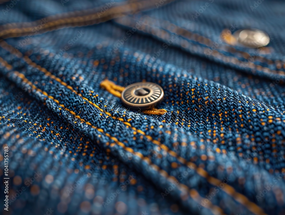 Close Up of Denim Fabric Texture with Button and Yellow Stitching Close Up of Denim Fabric Texture with Button and Yellow Stitching