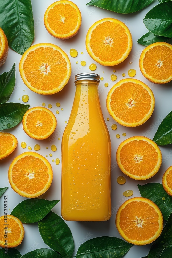 A glass bottle of fresh orange juice stands center stage, surrounded by vibrant oranges and lush green leaves. The arrangement captures the essence of a fresh, healthy beverage made from ripe oranges. A glass bottle of fresh orange juice stands center stage, surrounded by vibrant oranges and lush green leaves. The arrangement captures the essence of a fresh, healthy beverage made from ripe oranges.