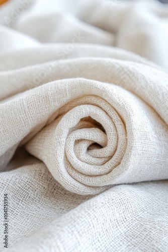 A soft cream colored linen fabric is elegantly rolled up, showcasing its texture and natural fibers. The warm wood surface underneath adds an inviting touch, illuminated by gentle natural light.