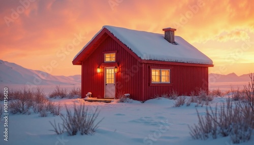 A red house with a chimney sits in a snowy field