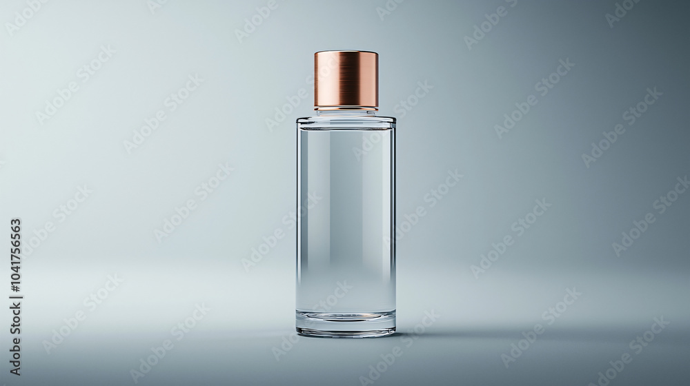 Classic Mock-Up of Toner Bottle with Transparent Glass and Copper Cap on Grey Background Classic Mock-Up of Toner Bottle with Transparent Glass and Copper Cap on Grey Background