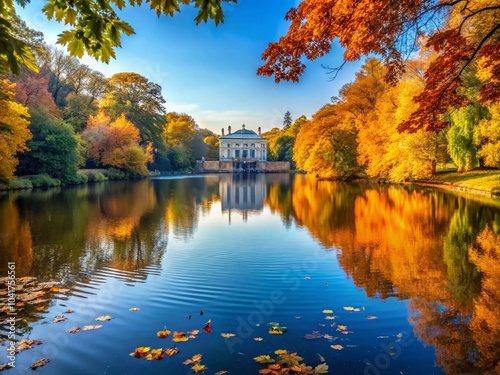 Autumn in Royal Lazienki Park with Ujazdowski Castle and Scenic Pond in Warsaw, Poland photo