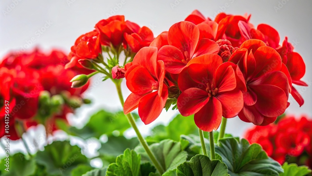 Bright red geranium flowers in bloom against white background panoramic image Bright red geranium flowers in bloom against white background panoramic image