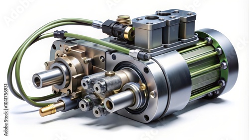 Industrial Precision Machinery Component A Detailed View of a Complex Gear System with Cylindrical Tubes, Tubing, and Green Piping