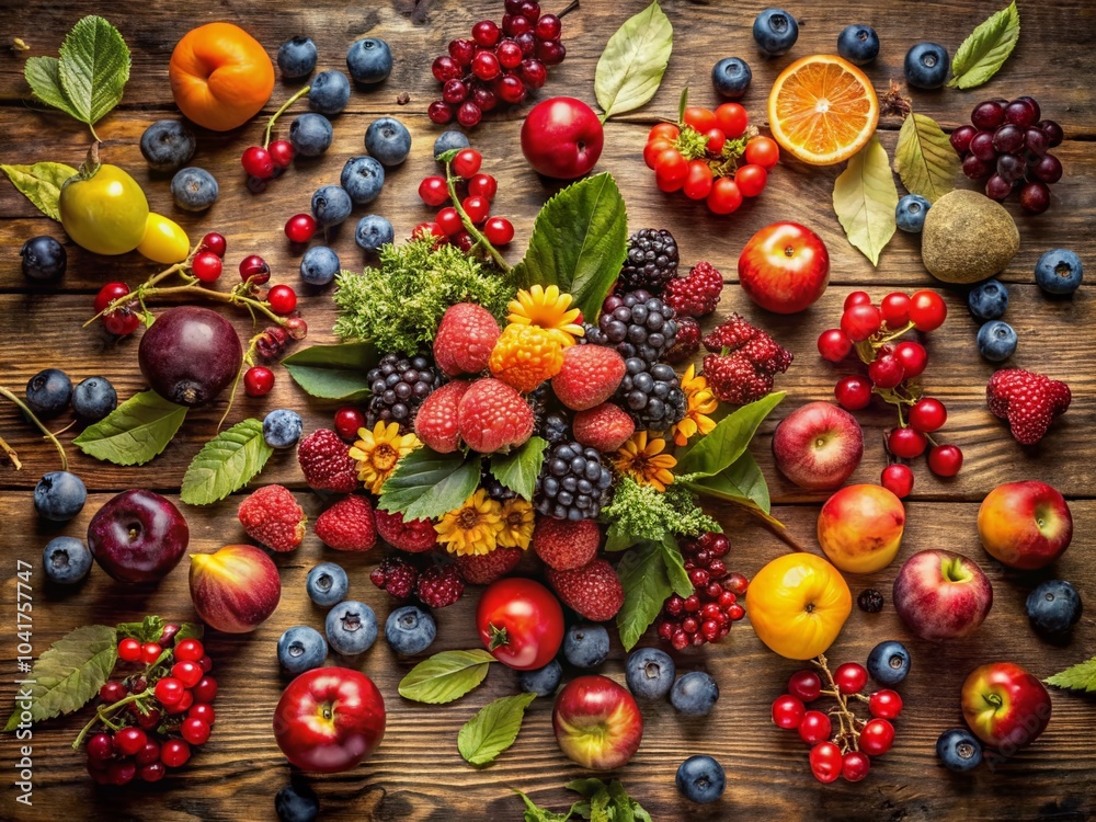 A Vibrant Collection of Local Fruits and Berries Showcasing Nature's Bounty in a Rustic Setting A Vibrant Collection of Local Fruits and Berries Showcasing Nature's Bounty in a Rustic Setting