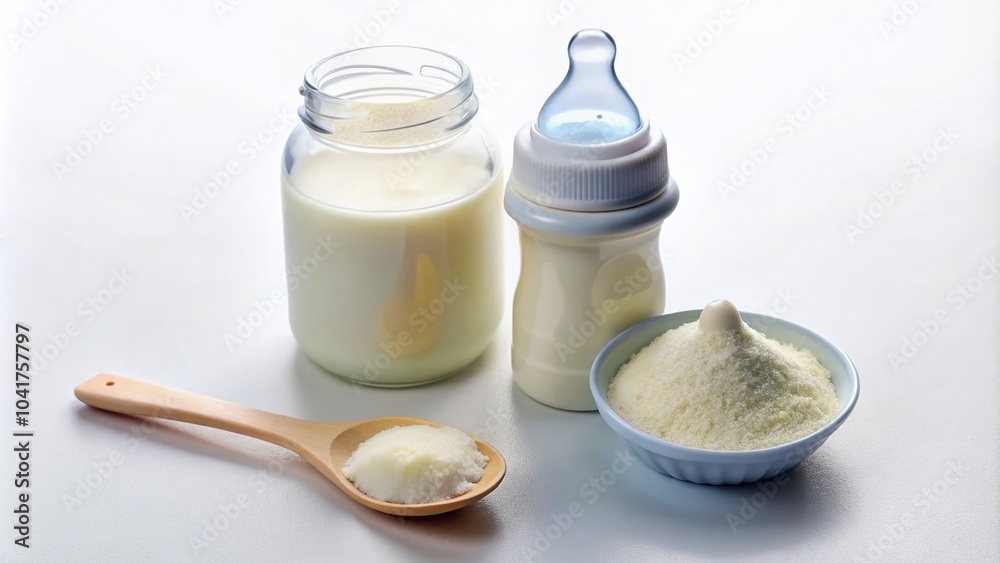 Baby Milk Bottle with Powdered Formula in Spoon on White Background - Essential Baby Care