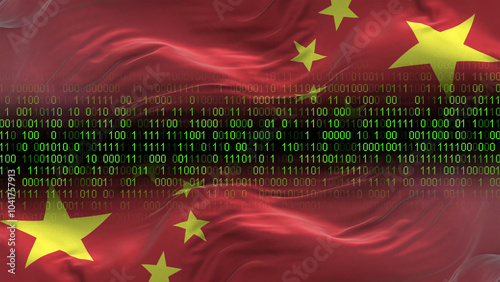 China flag - 3D realistic waving flag on matrix digital background with binary code