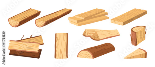 Wooden timbers set. Vector isolated tree trunks, woodwork planks and logging twigs, lumber industry chopped firewood material collection. Oak or pine timberwoods and woodpiles for manufacturing