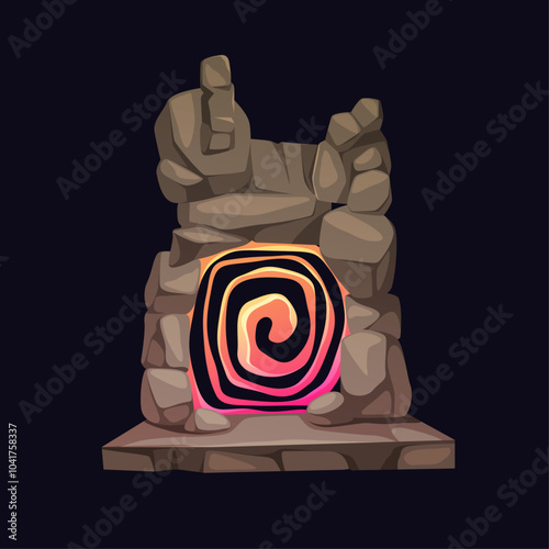 Magic portals with magma and fire flames, flares. Vector isolated leveling up and teleportation gates for game design. Adventures and traveling in space and time. Gateways made of rocks