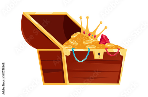 Gold and coins, crowns and jewelry. Vector isolated treasures in old vintage wooden chest, pirate hunt for ancient royal wealth and money. Open container with wealthy gemstones and necklaces
