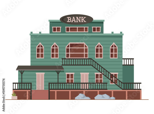 Bank in wild west, building exterior with sign and entrance. Vector flat cartoon, isolated house or wooden institution in western part of America. Retro architecture or rustic design of home