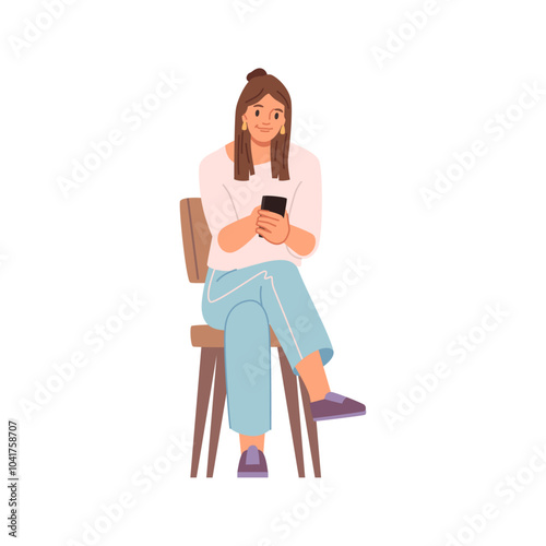 Young girl playing or chatting on phone, sitting on chair and smiling. Vector flat cartoon character, relaxed cheerful woman leisure time or activities. Lady in casual clothes at home messaging