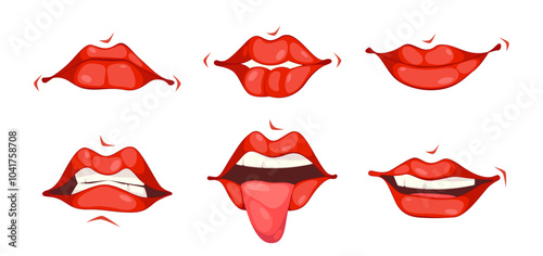 Face parts of cartoon character. Vector isolated set of mouths showing disgust and smile, grin and disgust. Irritated or annoyed personages facial expression. Lips sync, teeth and tongue for comic