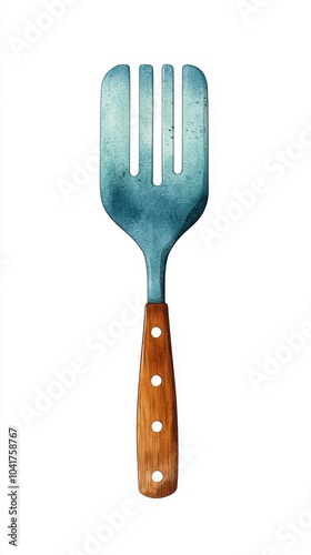 A rustic metal spatula with a wooden handle on a white isolate background. photo