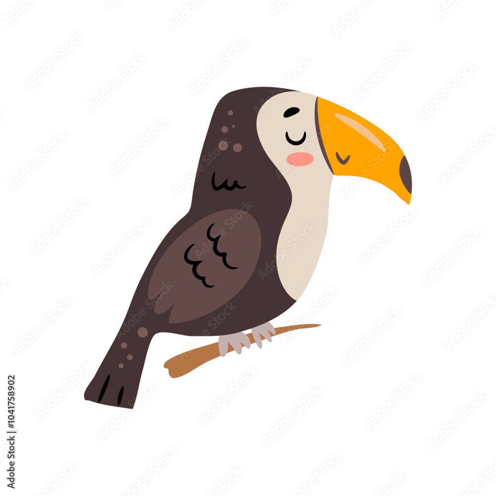 Obraz premium Wildlife and nature of America, isolated cute toucan bird with massive beak. Vector feathered creature of tropical and subtropical forests. Zoo or reserve park animals. Avifauna of jungle