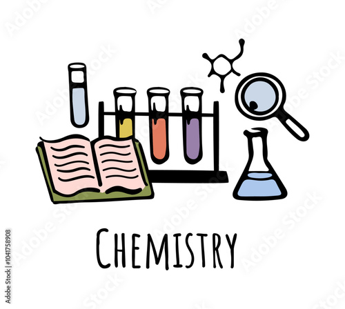 Chemistry lessons, discipline in school, university or college. Vector flat cartoon icons for students curriculum. Discipline giving knowledge about substances and chemical reactions chains