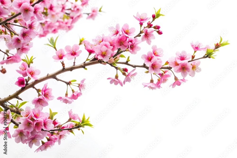 Branch of tree with pink flowers on white background with red hearts at a tilted angle Branch of tree with pink flowers on white background with red hearts at a tilted angle