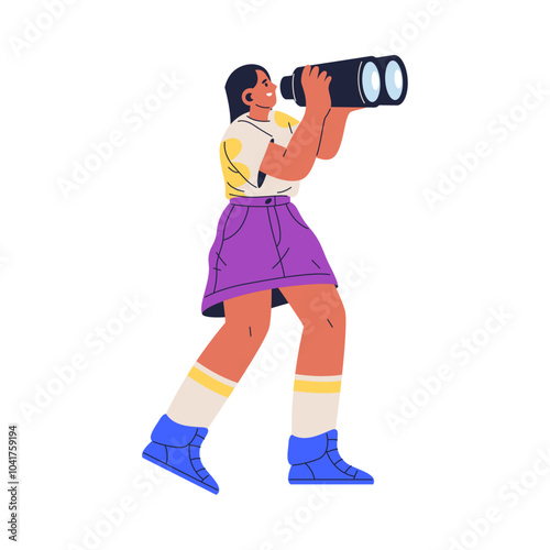 Woman looks through her large binoculars, girl looking or searching a way. Vector illustration of lady watching someone closely. Tourist explorer, exploration with binoculars, observation