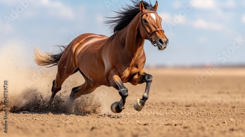 Galloping Horse at High Speed in Dusty Landscape