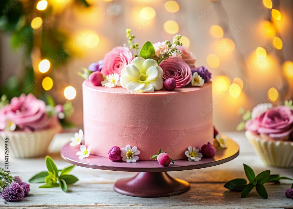 Beautiful Cake with Pink Frosting and Floral Decorations - Perfect for Celebrations and Events Beautiful Cake with Pink Frosting and Floral Decorations - Perfect for Celebrations and Events