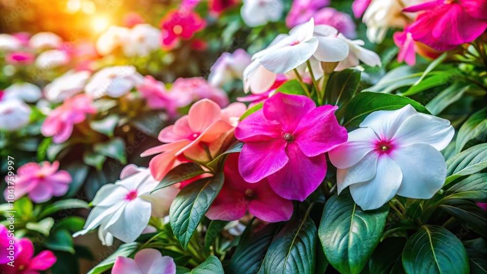 Bright and colorful Impatiens blooming in a tropical garden shade with white and pink flowers