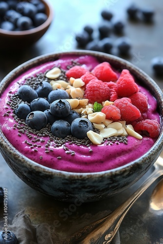 A vibrant smoothie bowl filled with a creamy blend, topped with fresh blueberries, raspberries, and sliced almonds. The colorful dish is set on a rustic table with scattered blueberries around for a d photo